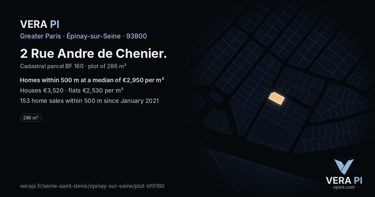 2 Rue Andre de Chenier, Épinay-sur-Seine at night – the plot lit, the parcels around coloured by the prices near them