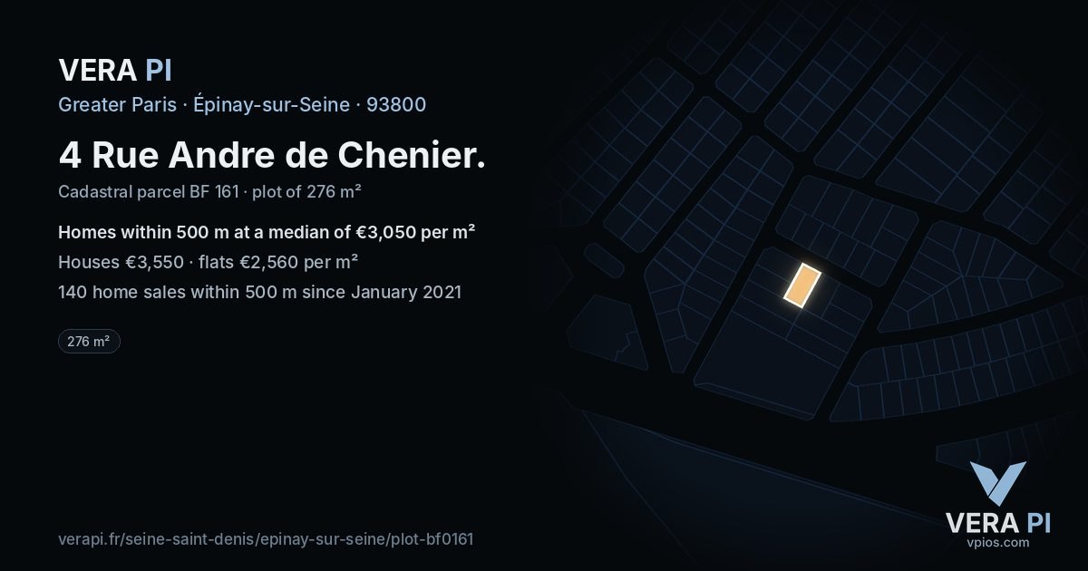 4 Rue Andre de Chenier, Épinay-sur-Seine at night – the plot lit, the parcels around coloured by the prices near them