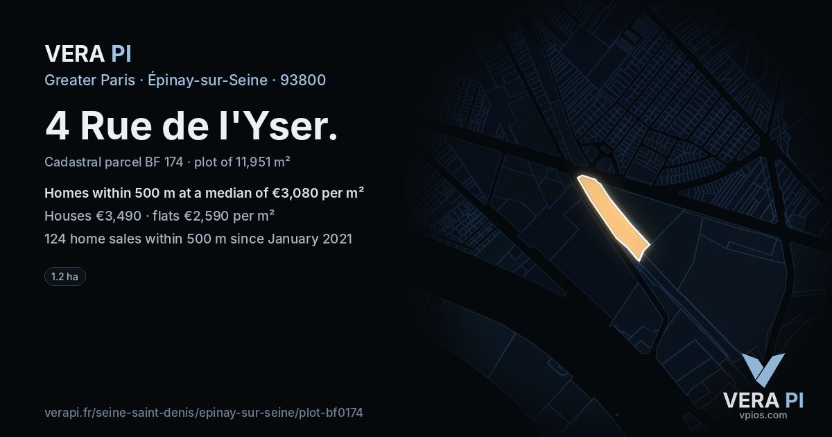 4 Rue de l'Yser, Épinay-sur-Seine at night – the plot lit, the parcels around coloured by the prices near them