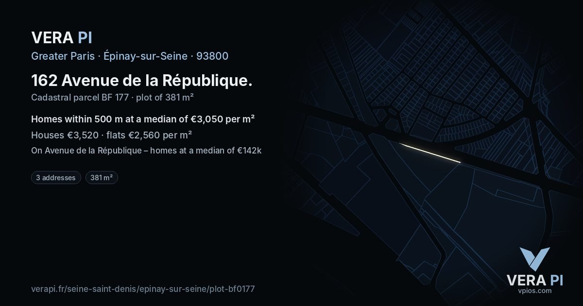 162 Avenue de la République, Épinay-sur-Seine at night – the plot lit, the parcels around coloured by the prices near them