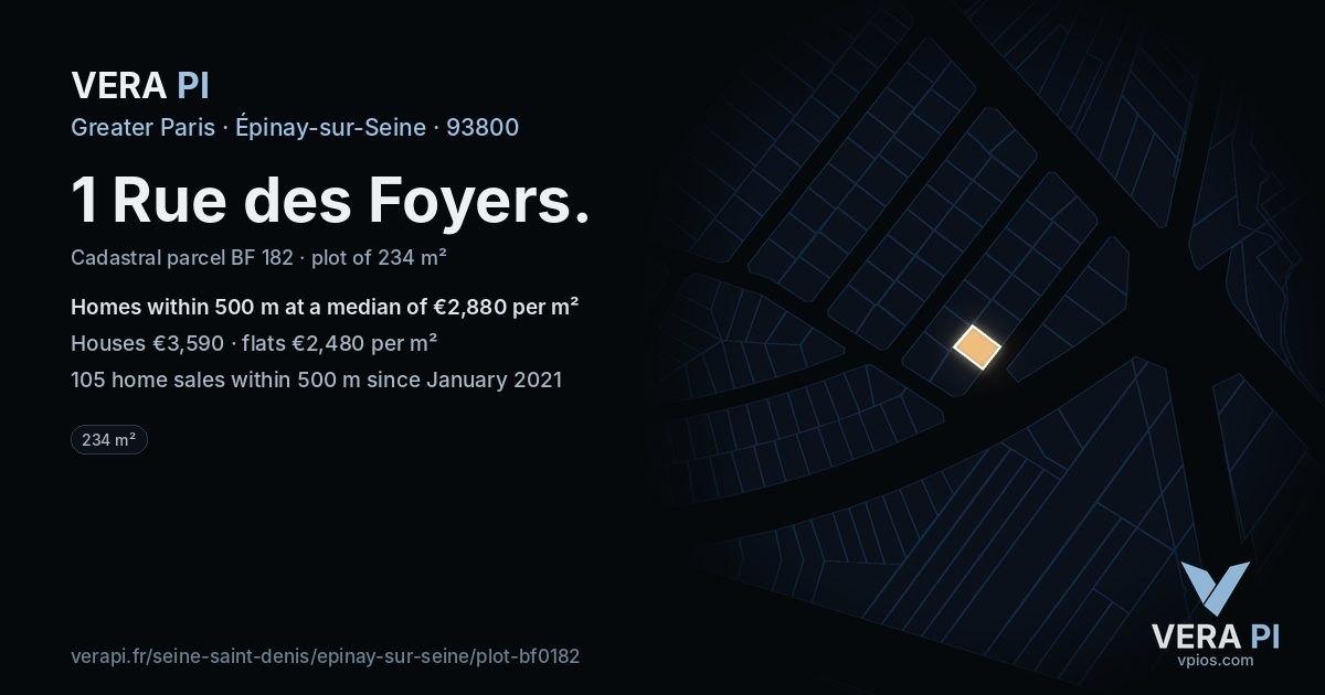 1 Rue des Foyers, Épinay-sur-Seine at night – the plot lit, the parcels around coloured by the prices near them
