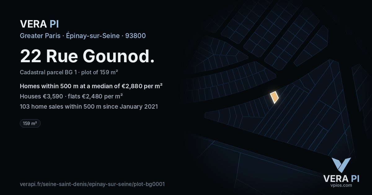 22 Rue Gounod, Épinay-sur-Seine at night – the plot lit, the parcels around coloured by the prices near them