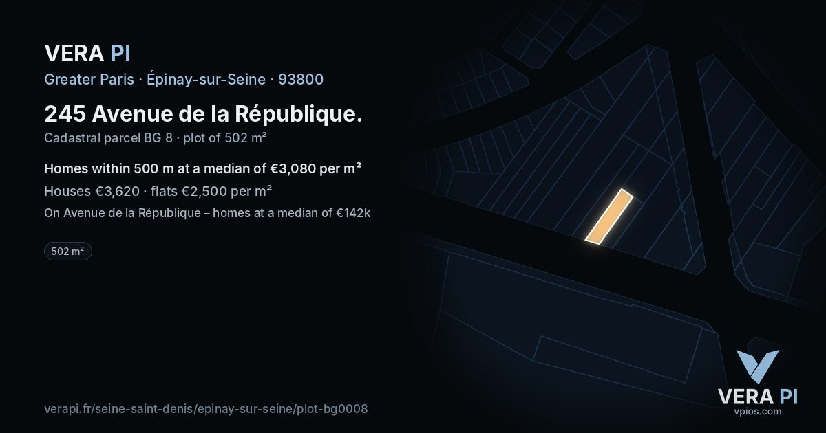 245 Avenue de la République, Épinay-sur-Seine at night – the plot lit, the parcels around coloured by the prices near them