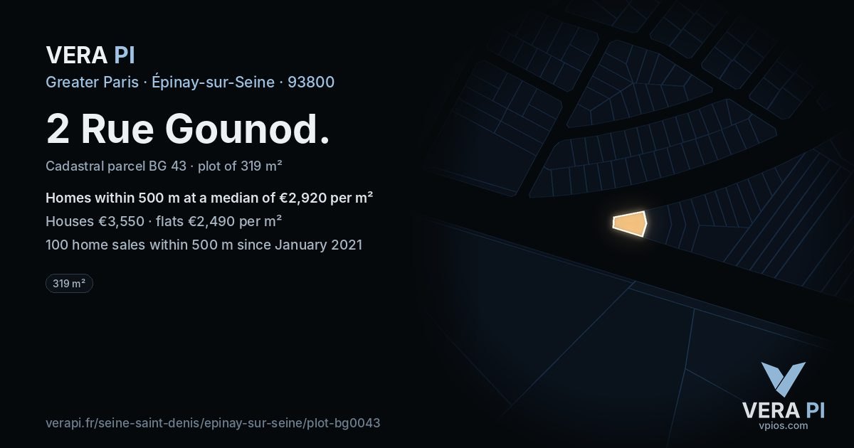 2 Rue Gounod, Épinay-sur-Seine at night – the plot lit, the parcels around coloured by the prices near them