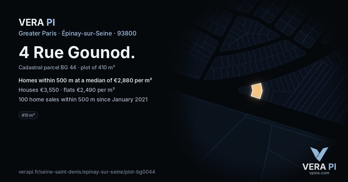4 Rue Gounod, Épinay-sur-Seine at night – the plot lit, the parcels around coloured by the prices near them