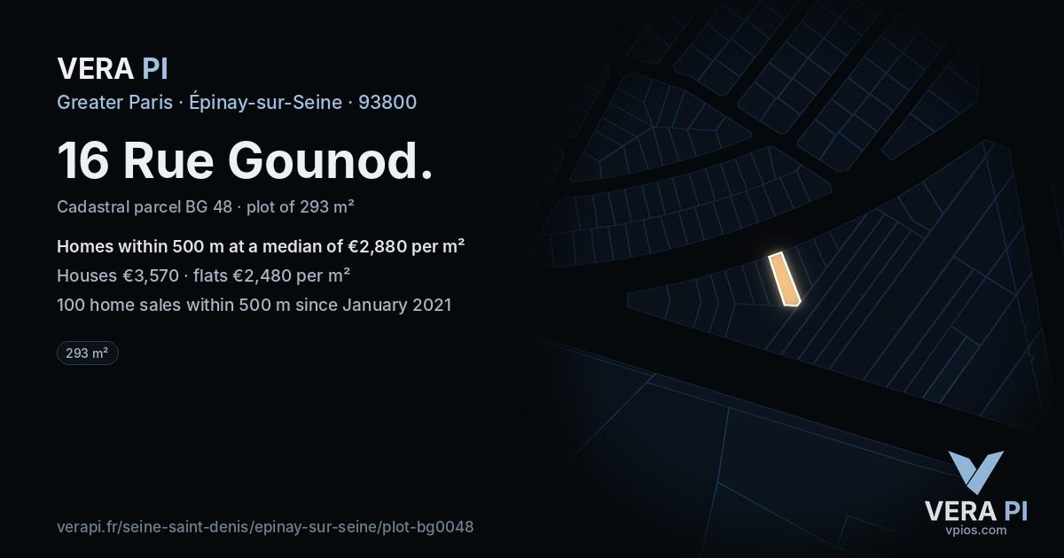 16 Rue Gounod, Épinay-sur-Seine at night – the plot lit, the parcels around coloured by the prices near them