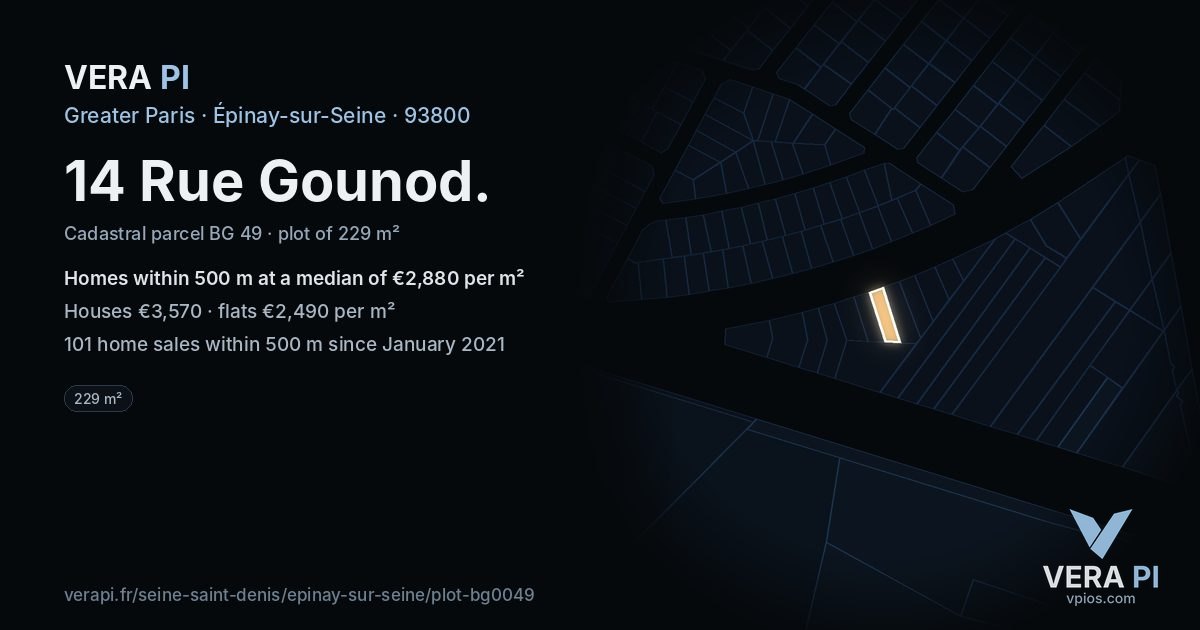 14 Rue Gounod, Épinay-sur-Seine at night – the plot lit, the parcels around coloured by the prices near them