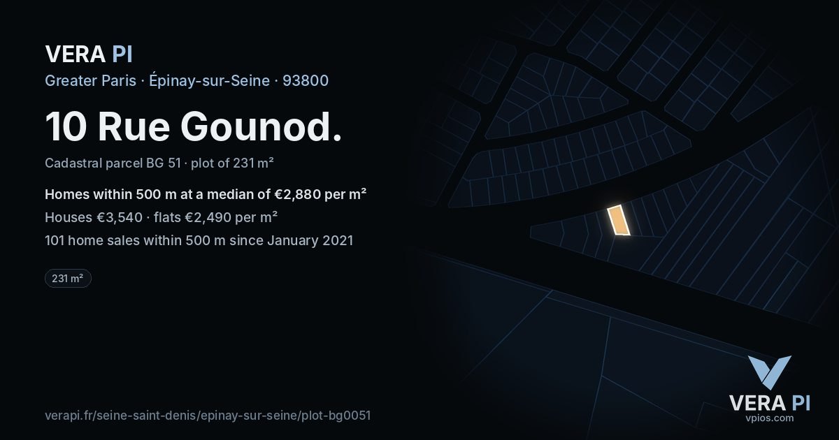 10 Rue Gounod, Épinay-sur-Seine at night – the plot lit, the parcels around coloured by the prices near them