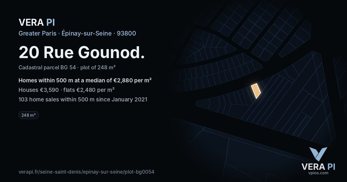 20 Rue Gounod, Épinay-sur-Seine at night – the plot lit, the parcels around coloured by the prices near them