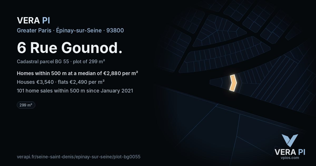 6 Rue Gounod, Épinay-sur-Seine at night – the plot lit, the parcels around coloured by the prices near them