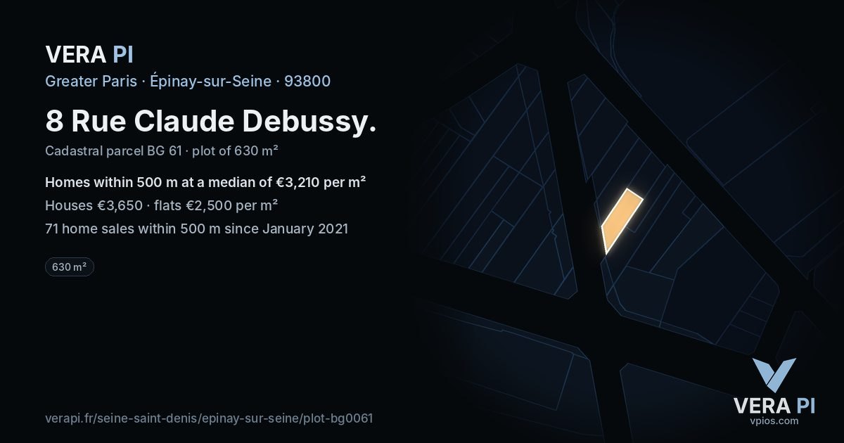 8 Rue Claude Debussy, Épinay-sur-Seine at night – the plot lit, the parcels around coloured by the prices near them