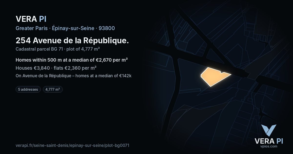 254 Avenue de la République, Épinay-sur-Seine at night – the plot lit, the parcels around coloured by the prices near them