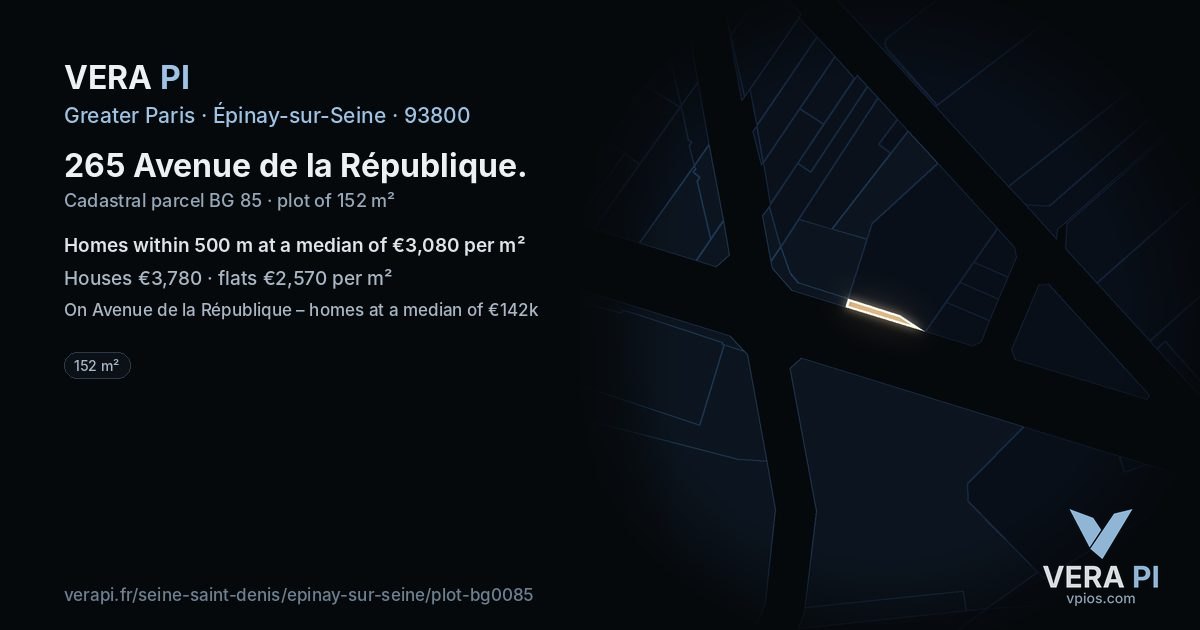 265 Avenue de la République, Épinay-sur-Seine at night – the plot lit, the parcels around coloured by the prices near them