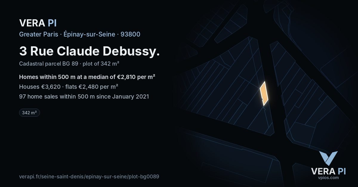 3 Rue Claude Debussy, Épinay-sur-Seine at night – the plot lit, the parcels around coloured by the prices near them