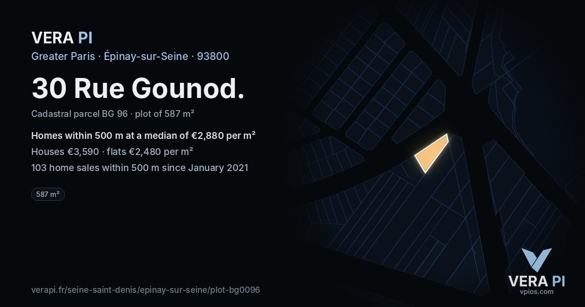 30 Rue Gounod, Épinay-sur-Seine at night – the plot lit, the parcels around coloured by the prices near them