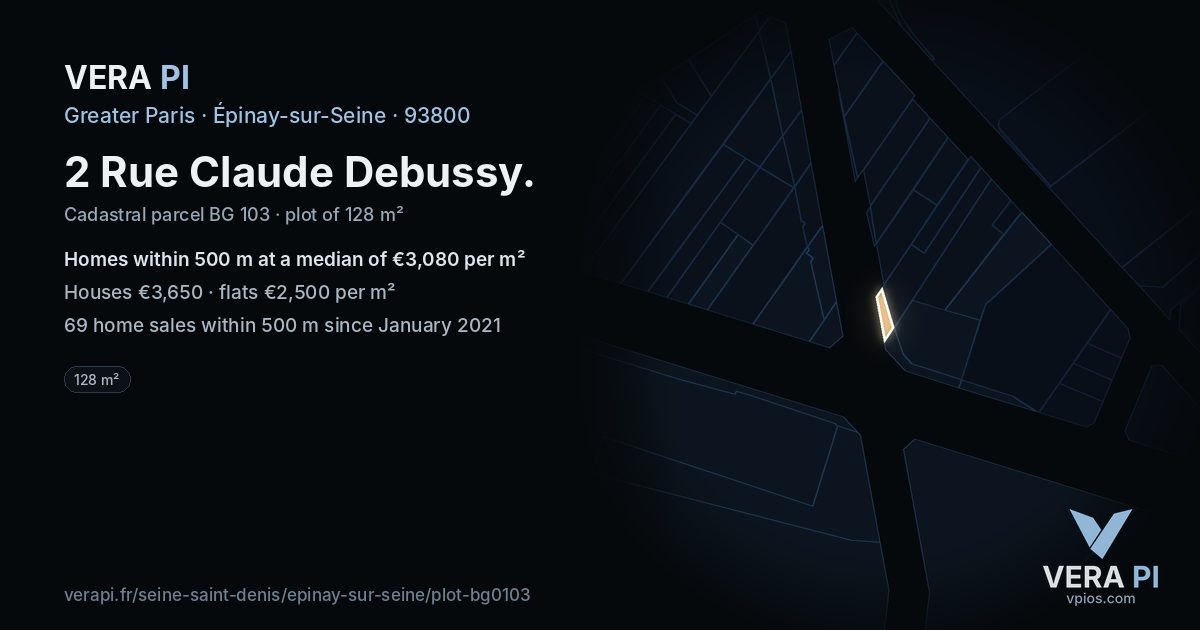 2 Rue Claude Debussy, Épinay-sur-Seine at night – the plot lit, the parcels around coloured by the prices near them
