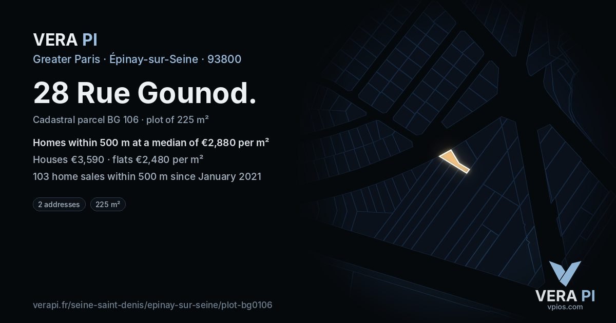 28 Rue Gounod, Épinay-sur-Seine at night – the plot lit, the parcels around coloured by the prices near them