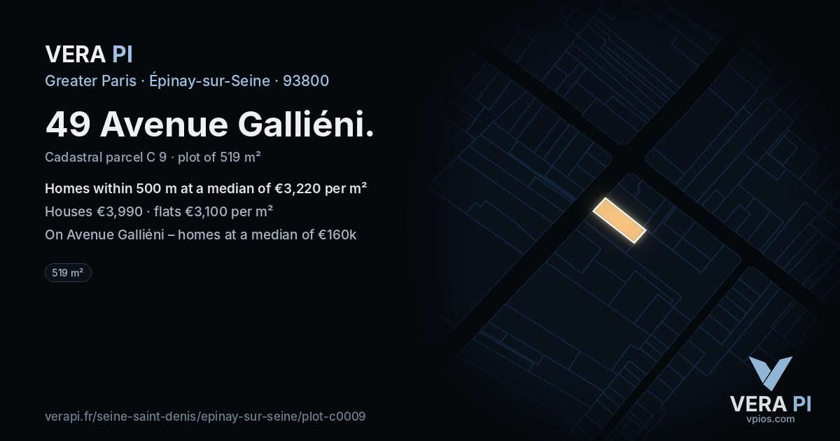49 Avenue Galliéni, Épinay-sur-Seine at night – the plot lit, the parcels around coloured by the prices near them