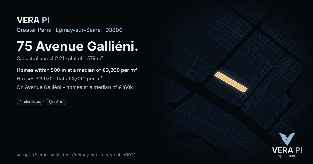75 Avenue Galliéni, Épinay-sur-Seine at night – the plot lit, the parcels around coloured by the prices near them