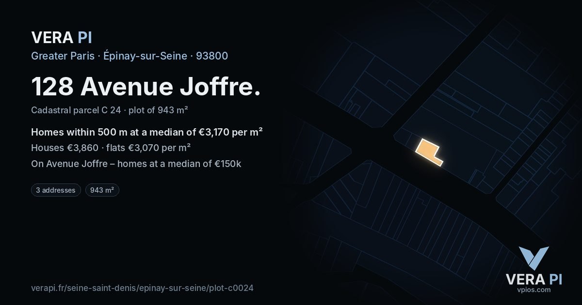 128 Avenue Joffre, Épinay-sur-Seine at night – the plot lit, the parcels around coloured by the prices near them