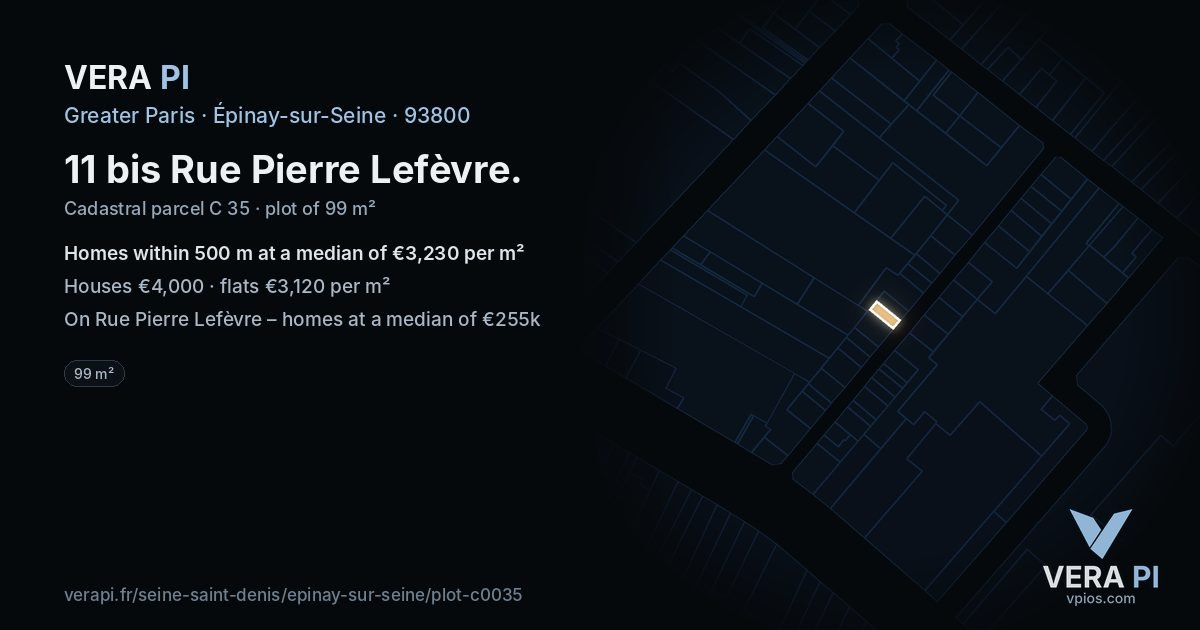 11 bis Rue Pierre Lefèvre, Épinay-sur-Seine at night – the plot lit, the parcels around coloured by the prices near them