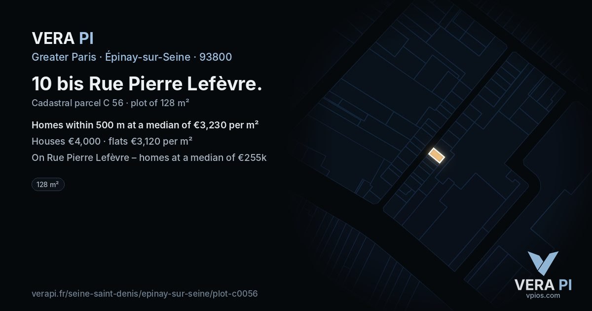10 bis Rue Pierre Lefèvre, Épinay-sur-Seine at night – the plot lit, the parcels around coloured by the prices near them