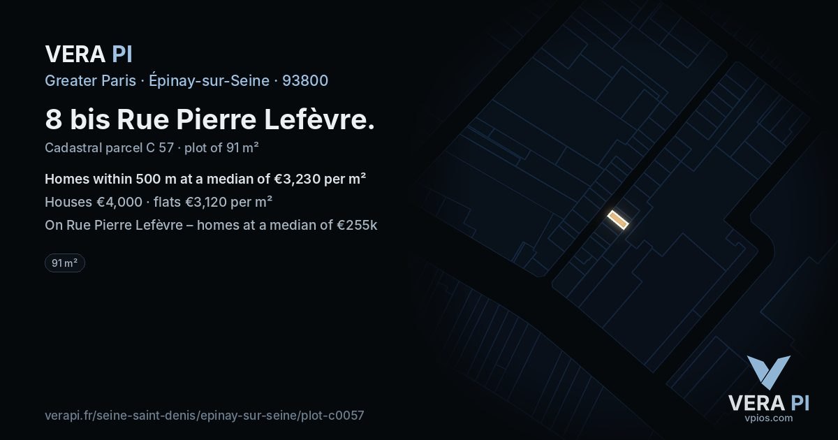 8 bis Rue Pierre Lefèvre, Épinay-sur-Seine at night – the plot lit, the parcels around coloured by the prices near them