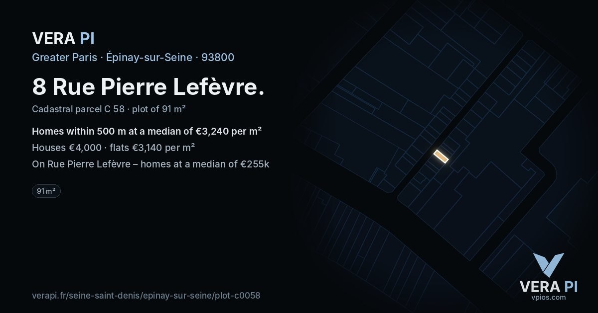 8 Rue Pierre Lefèvre, Épinay-sur-Seine at night – the plot lit, the parcels around coloured by the prices near them