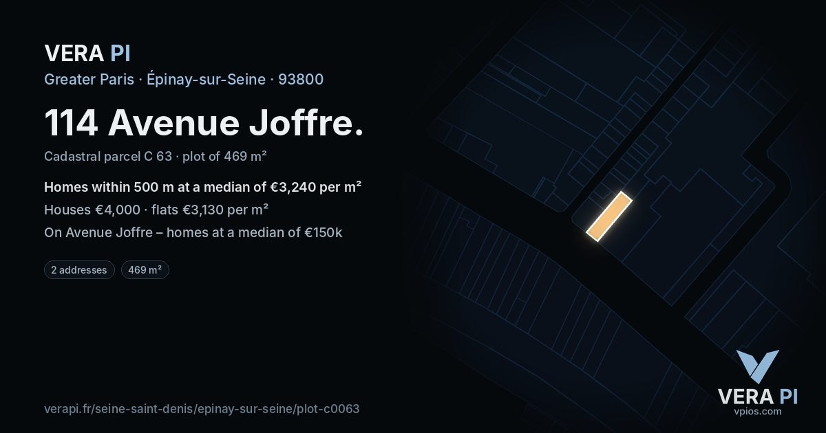 114 Avenue Joffre, Épinay-sur-Seine at night – the plot lit, the parcels around coloured by the prices near them