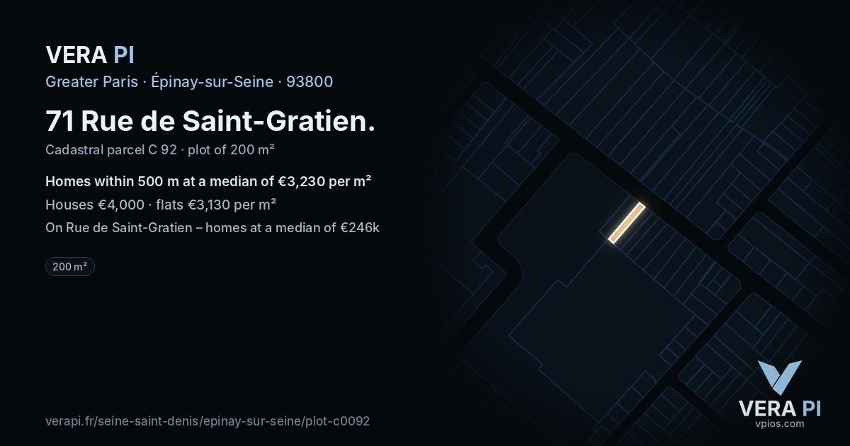 71 Rue de Saint-Gratien, Épinay-sur-Seine at night – the plot lit, the parcels around coloured by the prices near them