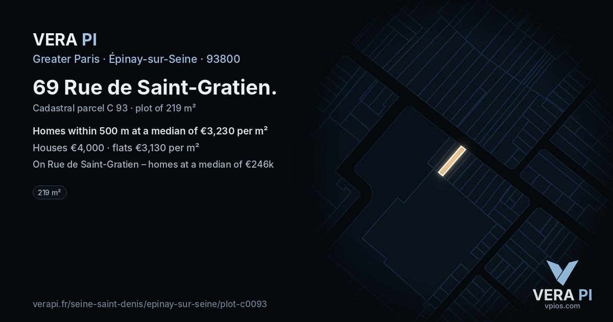 69 Rue de Saint-Gratien, Épinay-sur-Seine at night – the plot lit, the parcels around coloured by the prices near them