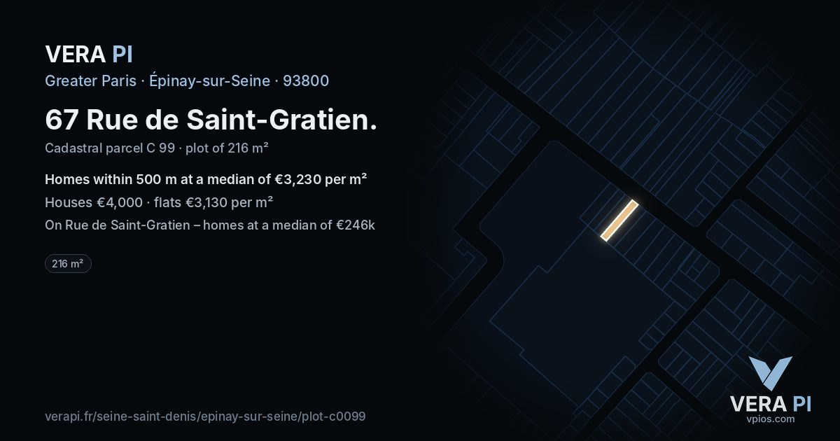 67 Rue de Saint-Gratien, Épinay-sur-Seine at night – the plot lit, the parcels around coloured by the prices near them