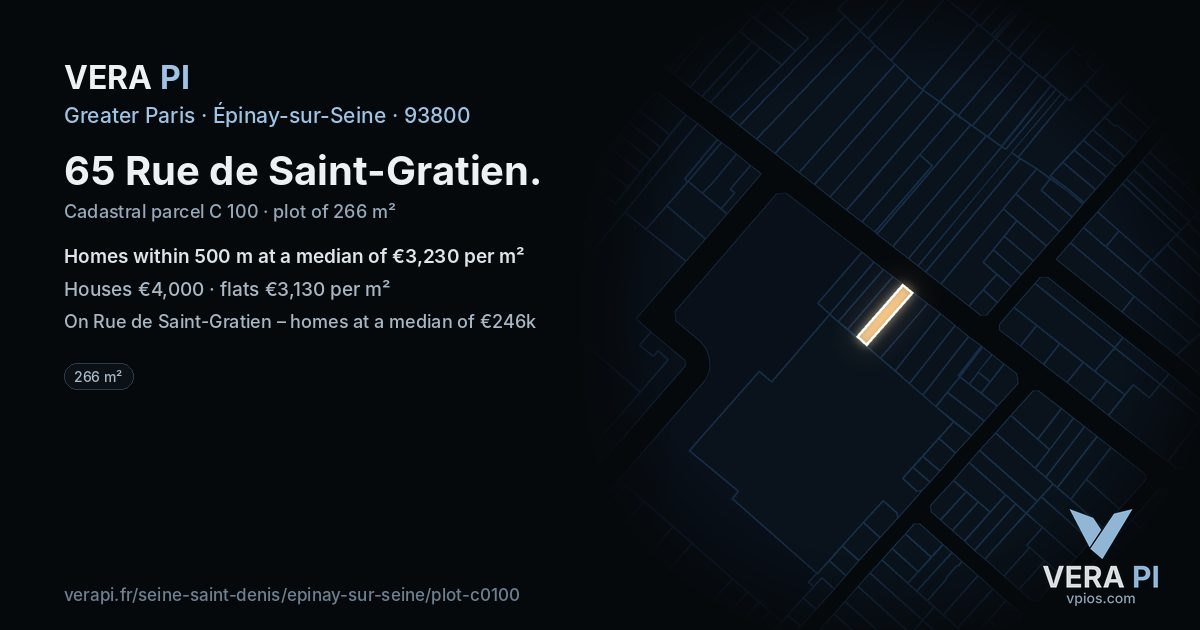 65 Rue de Saint-Gratien, Épinay-sur-Seine at night – the plot lit, the parcels around coloured by the prices near them