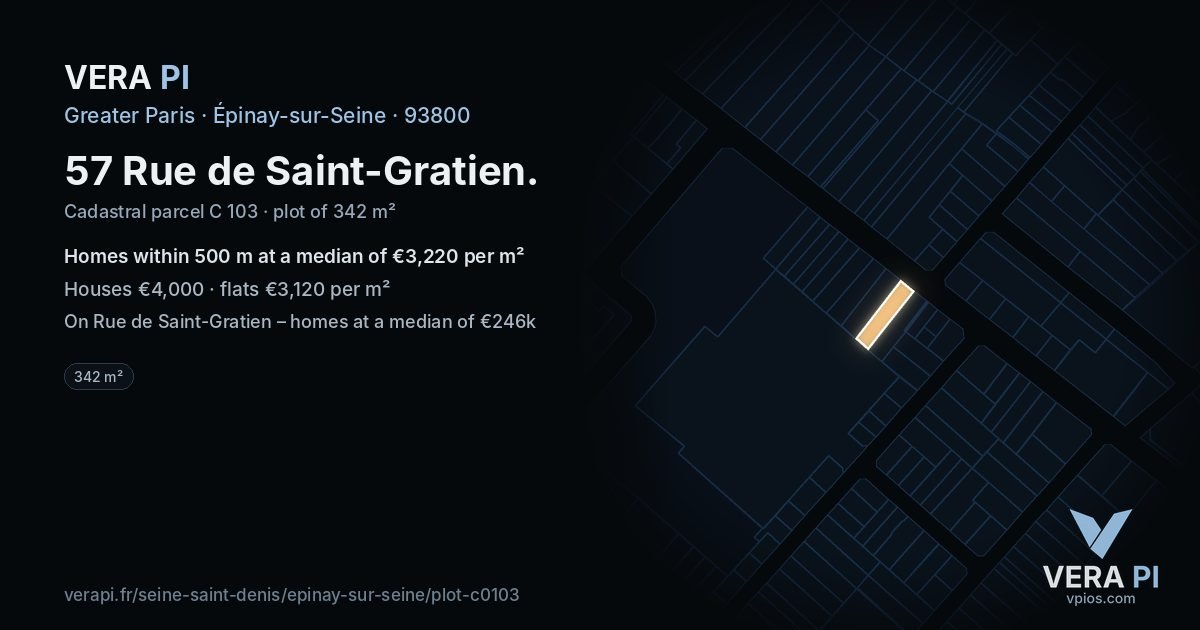 57 Rue de Saint-Gratien, Épinay-sur-Seine at night – the plot lit, the parcels around coloured by the prices near them