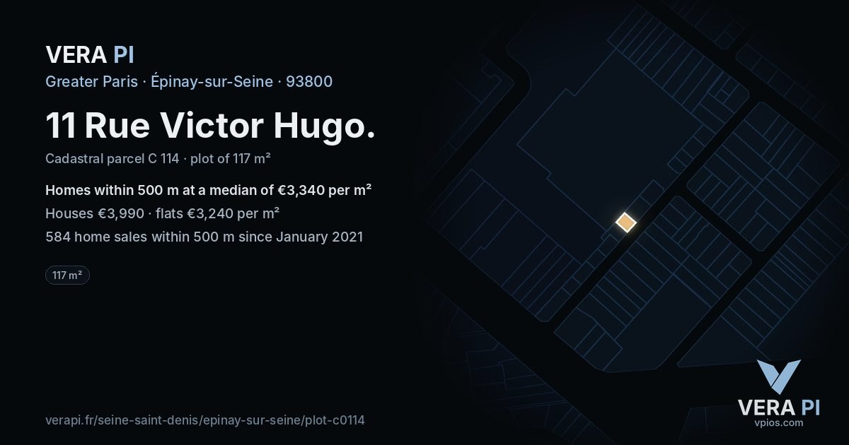 11 Rue Victor Hugo, Épinay-sur-Seine at night – the plot lit, the parcels around coloured by the prices near them
