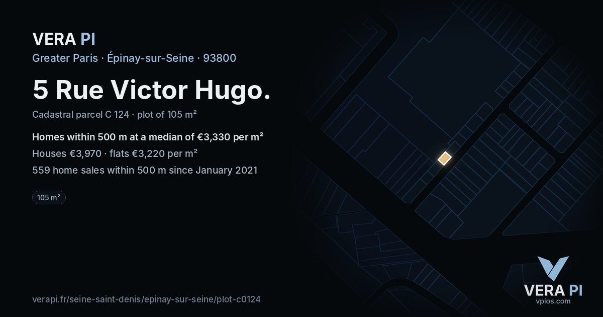 5 Rue Victor Hugo, Épinay-sur-Seine at night – the plot lit, the parcels around coloured by the prices near them