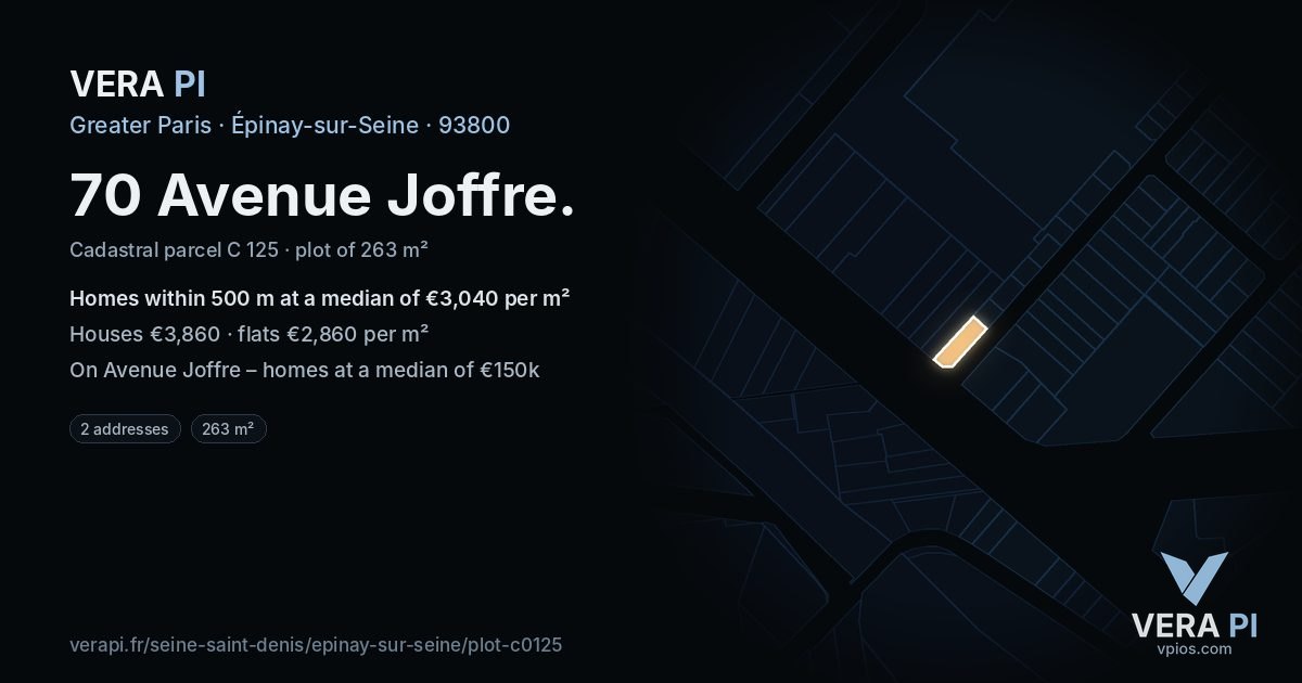 70 Avenue Joffre, Épinay-sur-Seine at night – the plot lit, the parcels around coloured by the prices near them