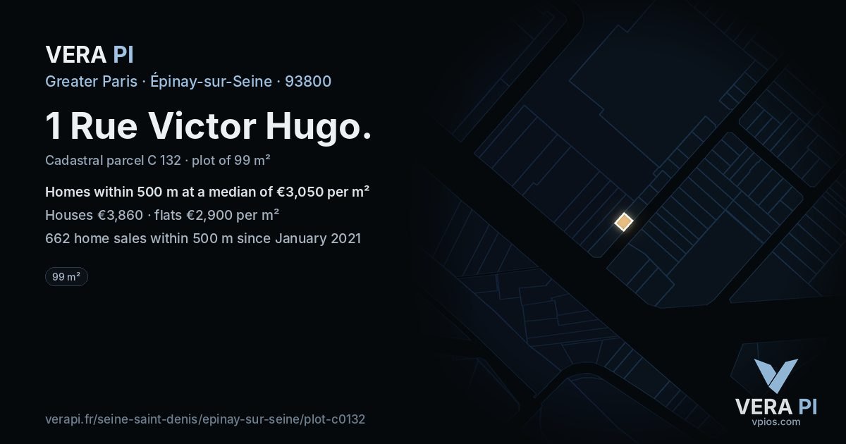 1 Rue Victor Hugo, Épinay-sur-Seine at night – the plot lit, the parcels around coloured by the prices near them