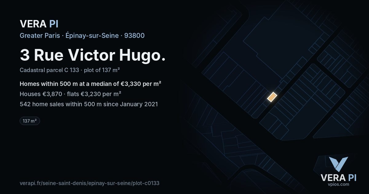 3 Rue Victor Hugo, Épinay-sur-Seine at night – the plot lit, the parcels around coloured by the prices near them