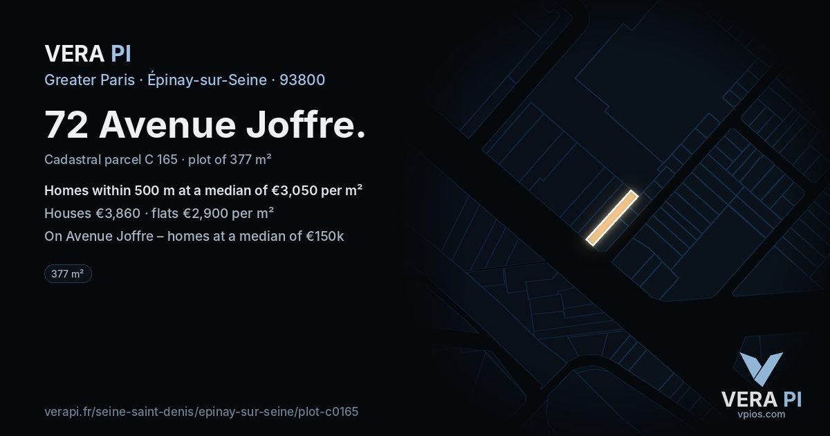 72 Avenue Joffre, Épinay-sur-Seine at night – the plot lit, the parcels around coloured by the prices near them