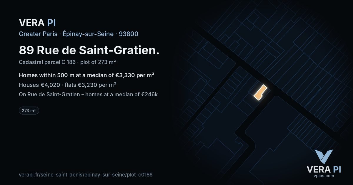 89 Rue de Saint-Gratien, Épinay-sur-Seine at night – the plot lit, the parcels around coloured by the prices near them