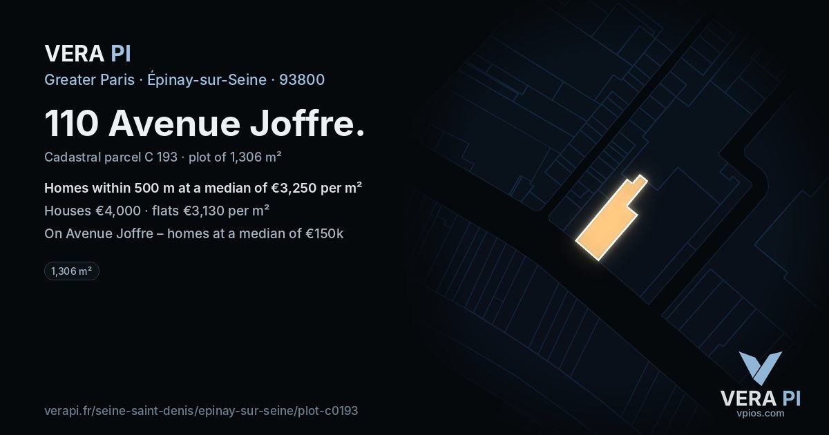 110 Avenue Joffre, Épinay-sur-Seine at night – the plot lit, the parcels around coloured by the prices near them
