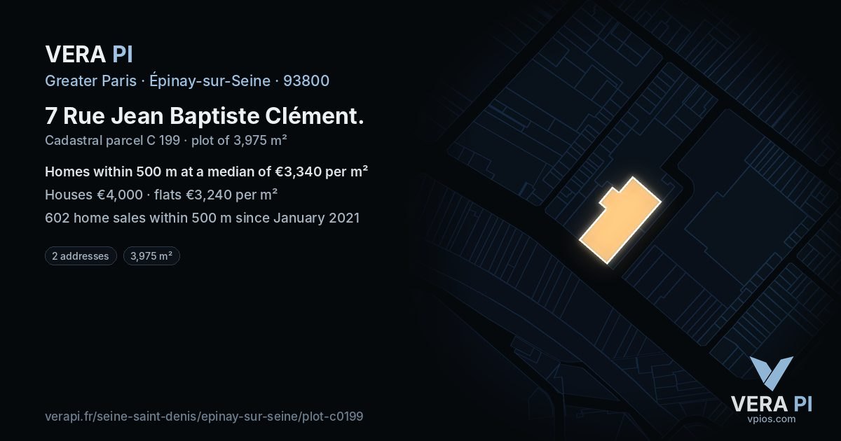 7 Rue Jean Baptiste Clément, Épinay-sur-Seine at night – the plot lit, the parcels around coloured by the prices near them