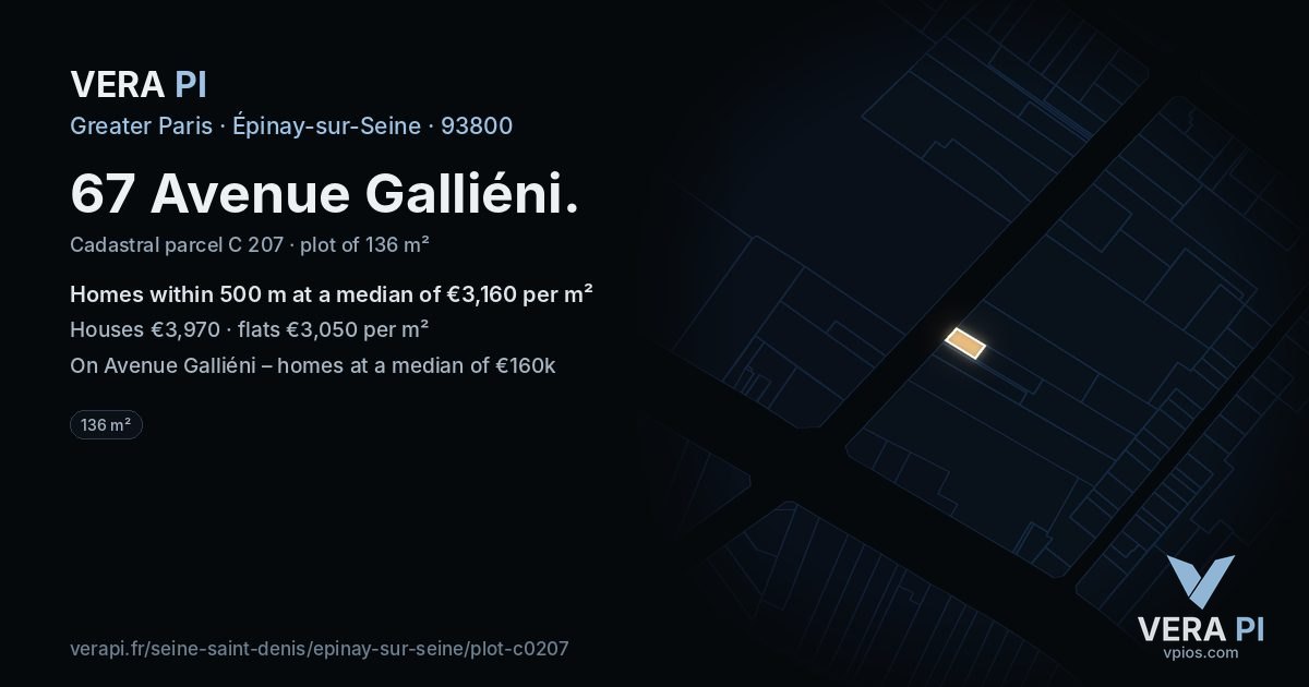 67 Avenue Galliéni, Épinay-sur-Seine at night – the plot lit, the parcels around coloured by the prices near them