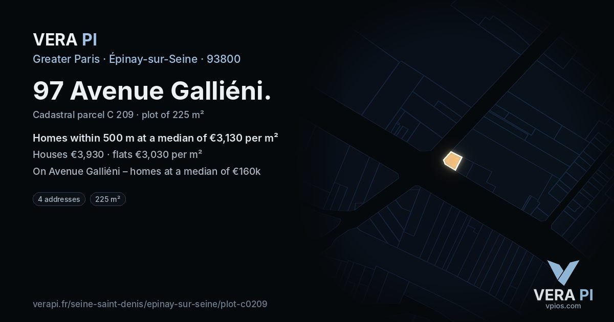 97 Avenue Galliéni, Épinay-sur-Seine at night – the plot lit, the parcels around coloured by the prices near them