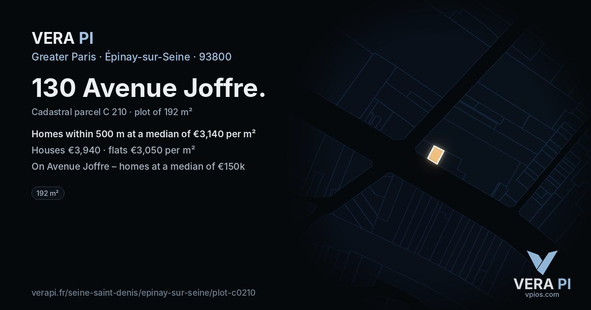 130 Avenue Joffre, Épinay-sur-Seine at night – the plot lit, the parcels around coloured by the prices near them