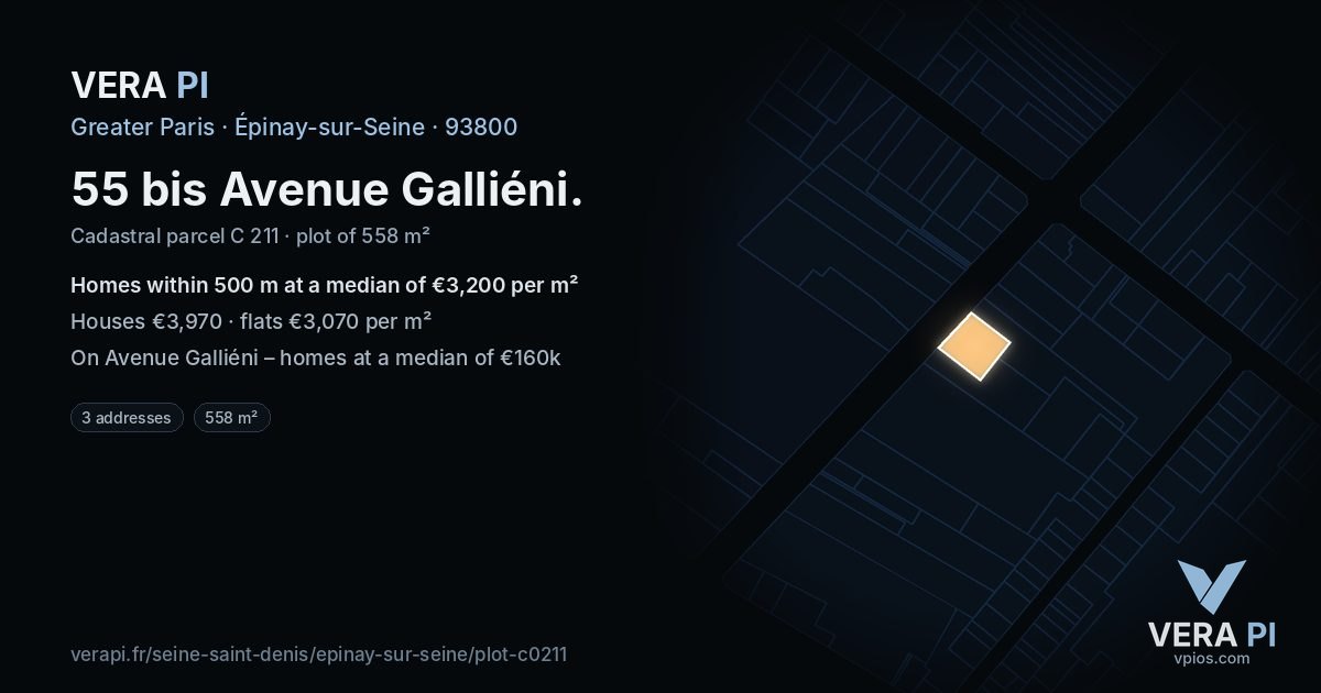 55 bis Avenue Galliéni, Épinay-sur-Seine at night – the plot lit, the parcels around coloured by the prices near them