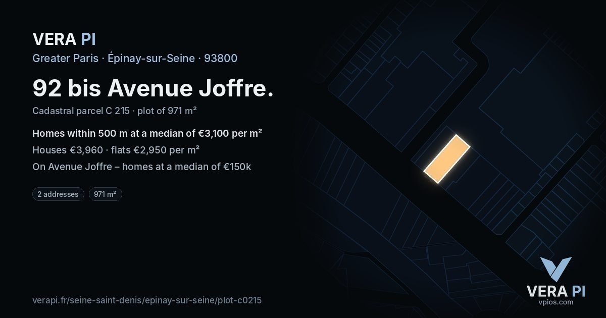92 bis Avenue Joffre, Épinay-sur-Seine at night – the plot lit, the parcels around coloured by the prices near them
