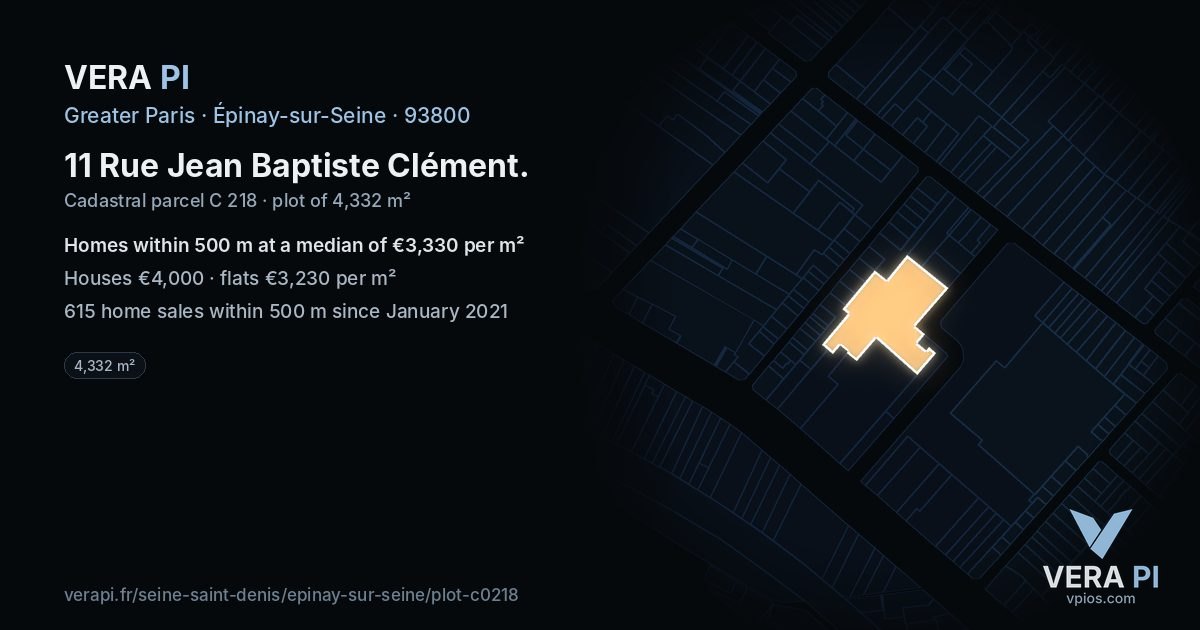 11 Rue Jean Baptiste Clément, Épinay-sur-Seine at night – the plot lit, the parcels around coloured by the prices near them