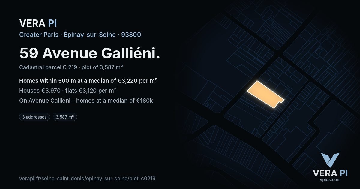 59 Avenue Galliéni, Épinay-sur-Seine at night – the plot lit, the parcels around coloured by the prices near them